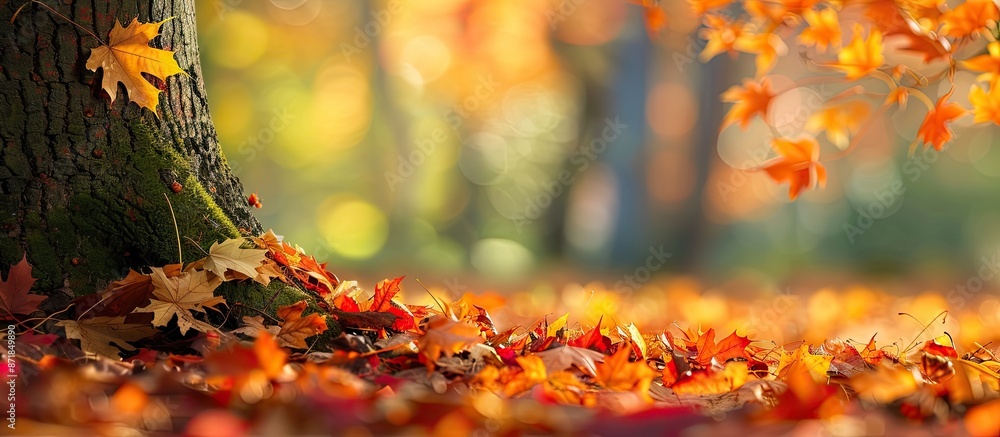 Poster autumn foliage strewn by the base of a tree with copy space image.