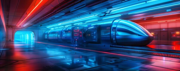 Fototapeta premium Futuristic underground metro station with glowing neon lights and a sleek train, illustrating advanced transportation technology.