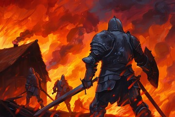 Fototapeta premium Medieval knights in full armor engage in battle against a fiery backdrop, depicting intense action and historical warfare.