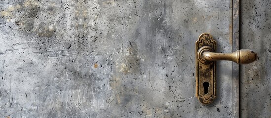Concrete background with an antique brass door handle, offering space for text alongside. image with copy space