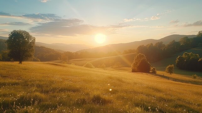 Sun-dappled fields in tranquil countryside