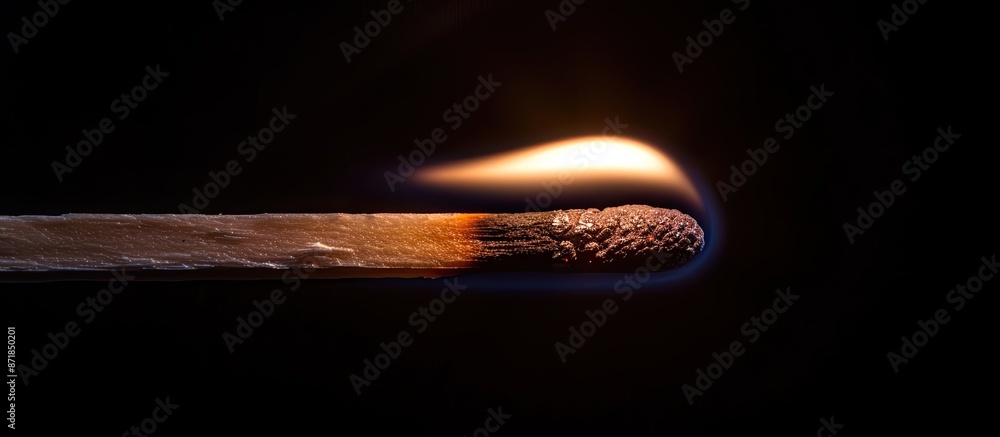 Poster close-up of a match burning brightly on a black background, with copy space image.