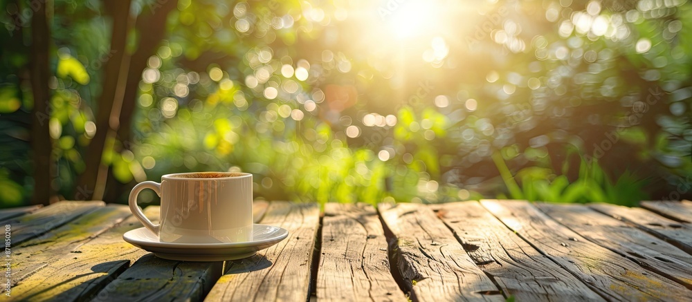 Poster coffee cup on wooden table outdoors with a natural backdrop, ideal for adding text. incorporating a 