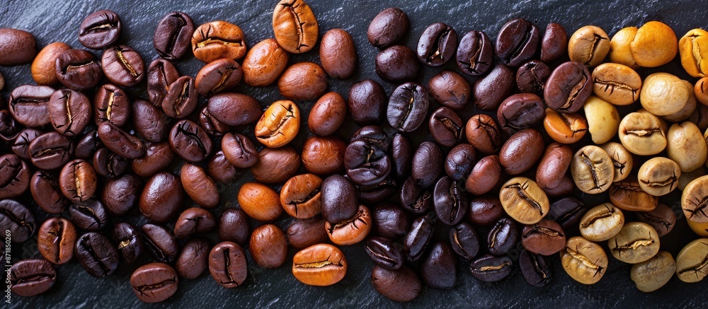 Aufkleber Coffee beans arranged in a rustic pile with various shades and textures, creating an inviting scene with a copy space image.