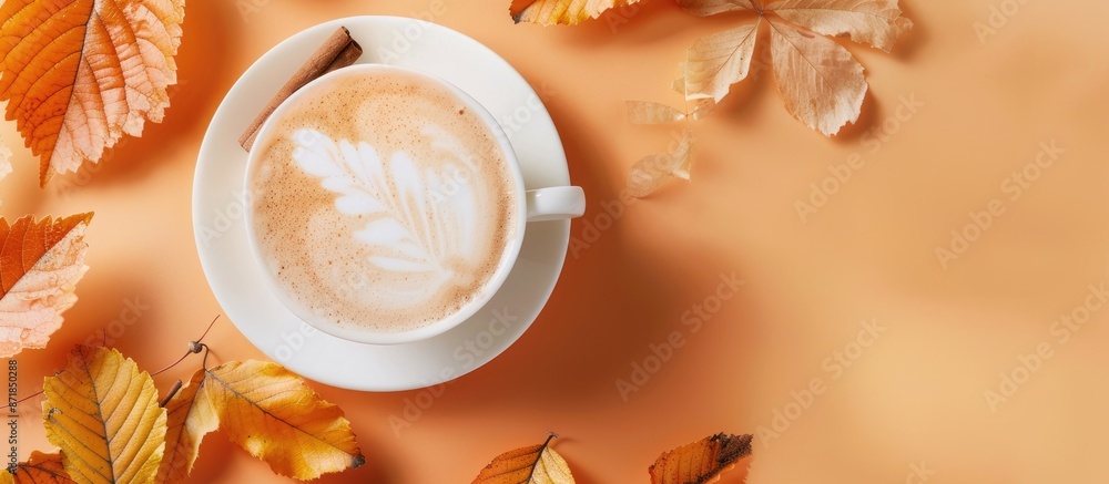 Poster autumn-themed coffee with a cinnamon wedge leaf design floating on milk foam, enhancing the cozy vib