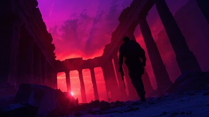Naklejka premium Silhouette of a lone traveler exploring ancient ruins against a dramatic purple and pink sunset sky.