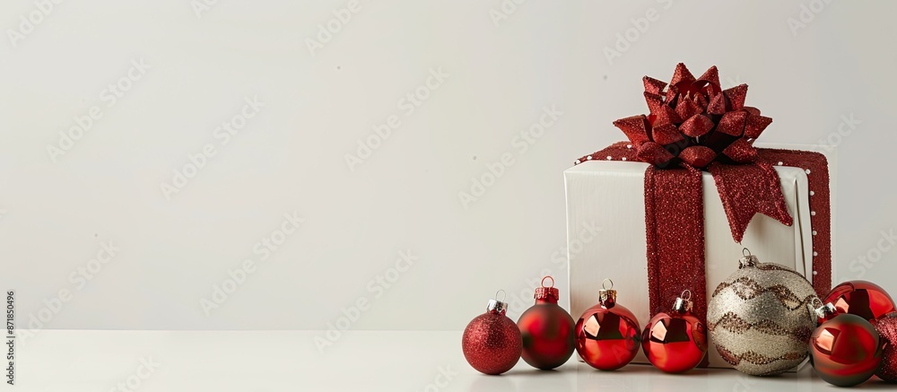Poster Christmas decorations including ornament balls and a present box displayed against a white backdrop with space for text or images. image with copy space