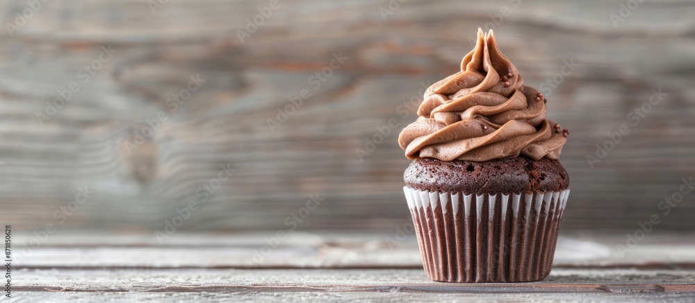 Poster delicious chocolate cupcake on rustic white wood with chocolate cream on top, ideal for adding a tex
