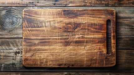 A used butcher block cutting board on wood background