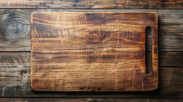A used butcher block cutting board on wood background