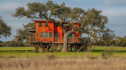 Fototapeta premium A bright orange elevated cabin nestled among large oak trees in a peaceful rural landscape on a sunny day.