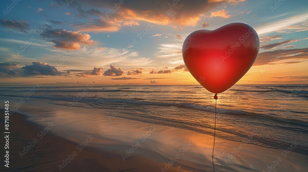 Poster beautiful heart background with floating heart on sky on the beach with cloudy sky background