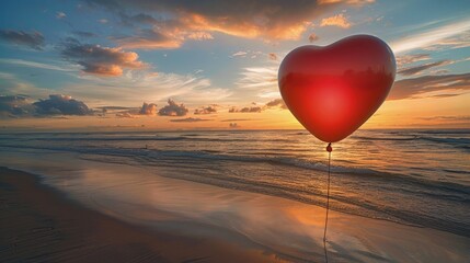beautiful heart background with floating heart on sky on the beach with cloudy sky background 