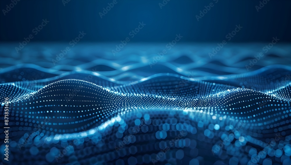 Poster abstract digital background with blue dots and lines forming an abstract wave pattern, representing 