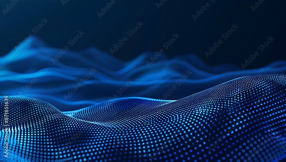 Poster abstract digital background with blue dots and lines forming an abstract wave pattern, representing 