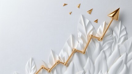 A detailed high-angle photograph showcasing a stark white background. The top right corner is adorned with a golden graph line that rises steeply, denoting positive progress. The contrast between the