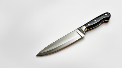 A sharp stainless steel kitchen knife with a black handle isolated on a white background. Ideal for culinary and cooking needs.