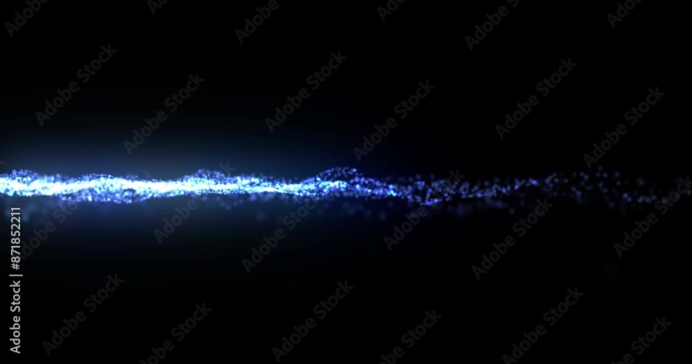 Aufkleber Animation, data stream and flow with blue particles on black background for communication. Future, graphic and networking with cloud computing or information technology connection in dark cyberspace