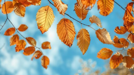 Obraz premium Close up of autumn leaves against blue sky
