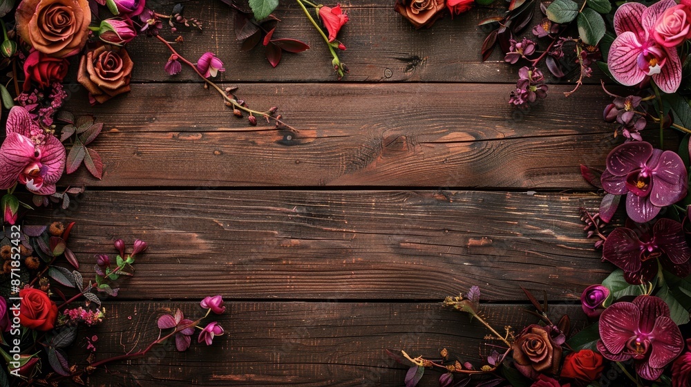 Sticker Vintage wooden background with crackled frames adorned with roses orchids and space for text or photo Overhead view with blank space