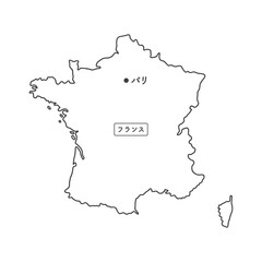 シンプルでおしゃれなフランスの白地図 - 首都パリの位置をマークした線画マップ - 日本語