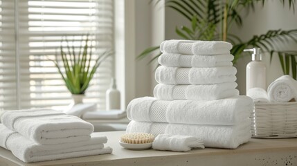 Collection of white towels displayed in the room