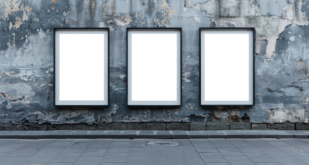 blank picture frames with photography on a stone grey wall