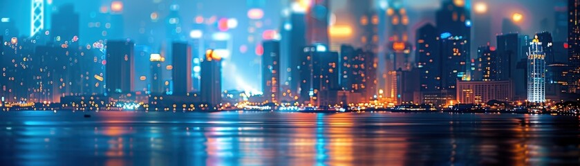 Stunning night view of a modern city skyline with colorful lights reflecting on the calm water, creating a vibrant and dynamic urban scene.