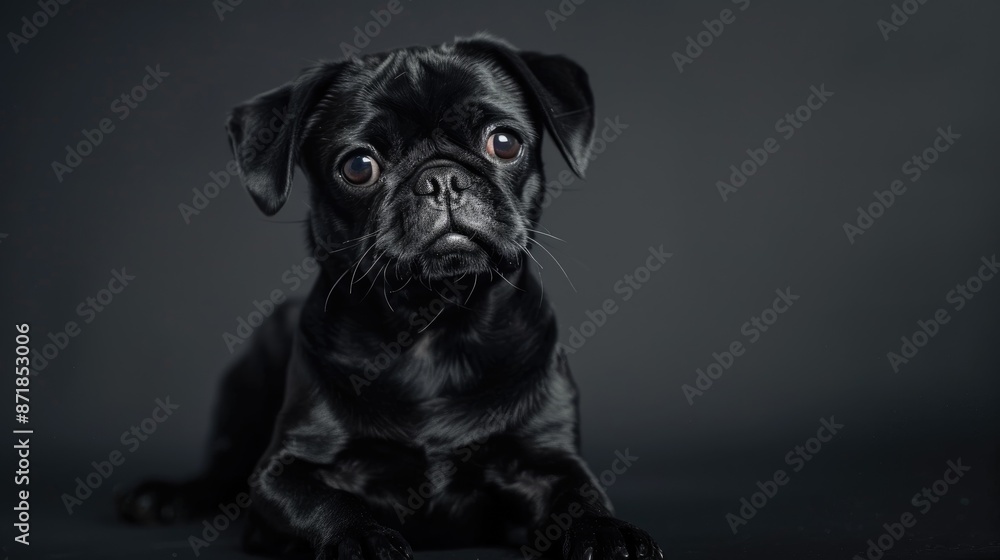 Sticker Cute black Pug portrait with copy space studio background