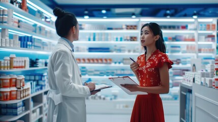 Pharmacist consulting with customer