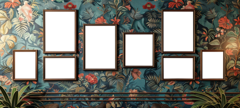 blank picture frames on a patterned wallpapered wall