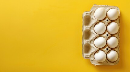 Recycled paper egg carton on yellow background signifies sustainability concept with open text space