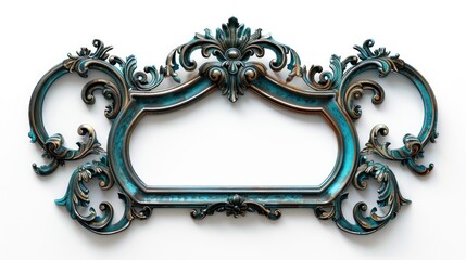 Blue bronze metal frame in antique style on white background with text space