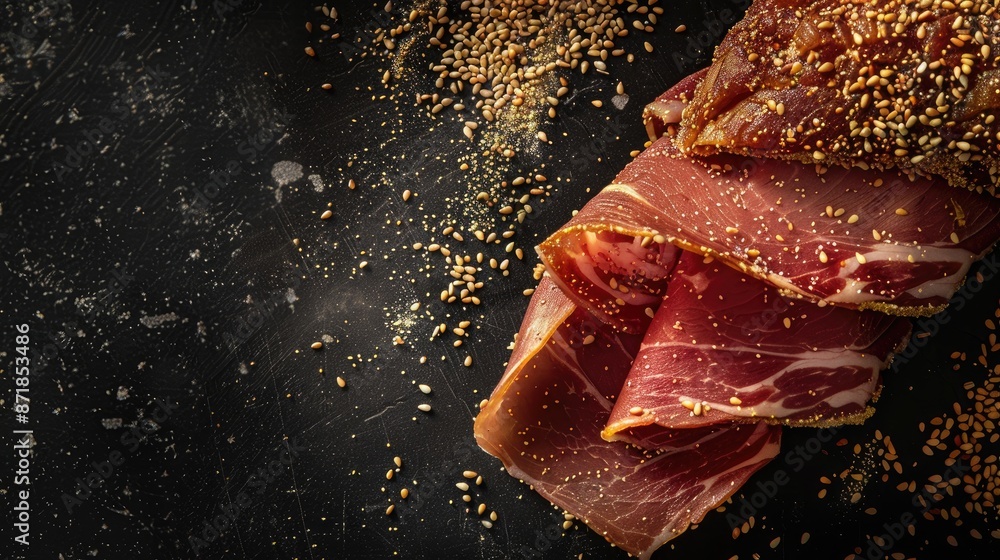 Canvas Prints Serrano Iberico ham with sesame seeds on black background