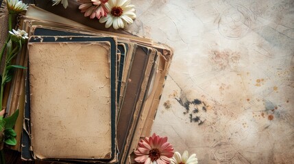 Vintage photo frames in album with scrapbook elements and white background for text