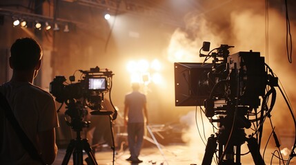 a man standing in front of a camera on a stage with smoke coming out of it and a light behind him