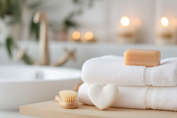 Heart-shaped soap and soft white towels on table with brush for exfoliation, cozy bathroom on background.