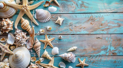 Fototapeta premium Summer vacation setting with shells and items on rustic wooden surface Overhead view Flat lay styling