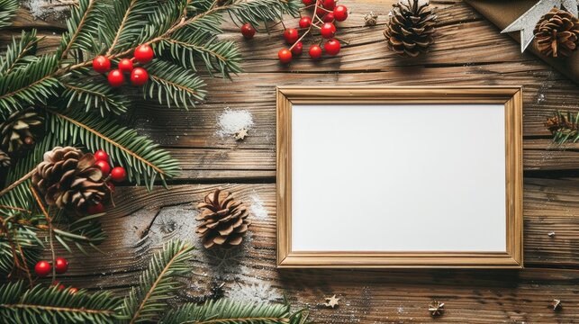 Festive card or picture frame on wooden surface
