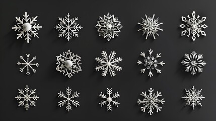 Icon set of winter snowflakes over black. 