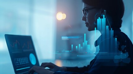 Business analyst uses laptop computer to analyze data visualizations on a screen, surrounded by blue graphs and charts.