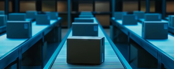 Fototapeta premium Boxes on conveyor belts in a futuristic warehouse; automated logistics and modern storage system visualized in blue lighting.