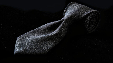 A dark gray tie, placed against a black background for a sharp, elegant contrast.