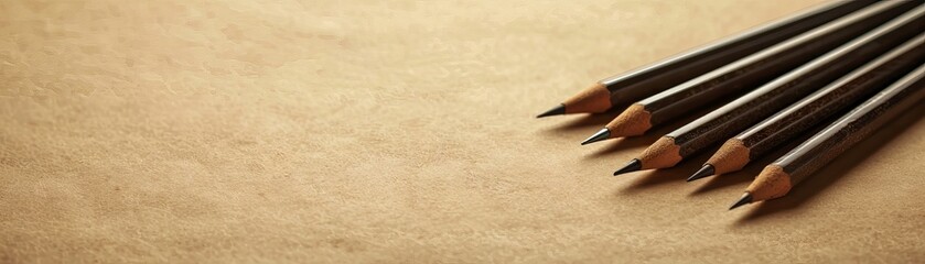 Five sharpened black pencils arranged on a brown textured background, ideal for educational, artistic, and creative projects.