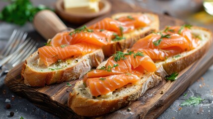 Fresh baguette slices with butter and salmon on wooden board