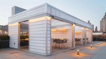 minimalist scene of an urban rooftop dining area, each enclosure crafted from sleek, white aluminum siding for a modern look
