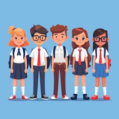 A group of children are standing in a row, wearing school uniforms and backpacks