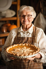 old woman holding homemade pumpkin pie plate