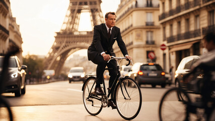 Fototapeta premium A businessman rides a bicycle to work on a busy city street.