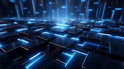 Obraz premium 3d rendering of blue and black abstract geometric background. Scene for advertising, technology, showcase, banner, game, sport, cosmetic, business, metaverse. Sci-Fi Illustration. Product display